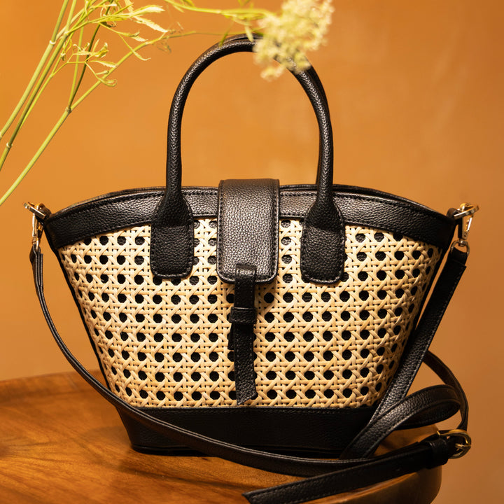 Solana Handbag – Handwoven Bamboo Cane & Vegan Leather Bag (Natural Black) - Suave Bags Default Title