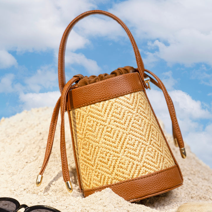 The Amara Bucket – Woven Bamboo Cane & Vegan Leather Handbag (Caramel sand) - Suave Bags Default Title