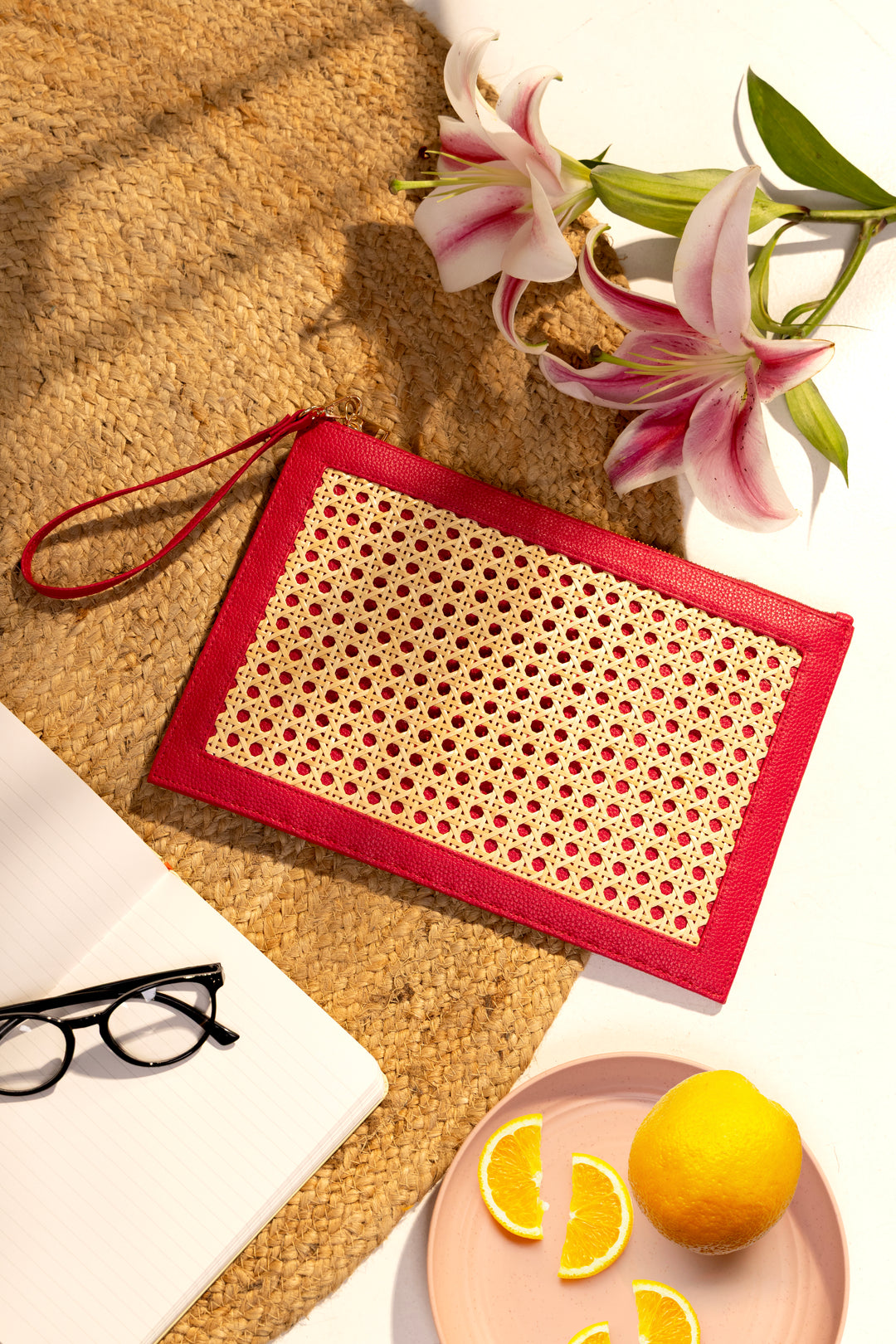 The Veve Envelope Clutch - Handwoven Bamboo Cane and Vegan Leather Wristlet (Pink) - Suave Bags Default Title