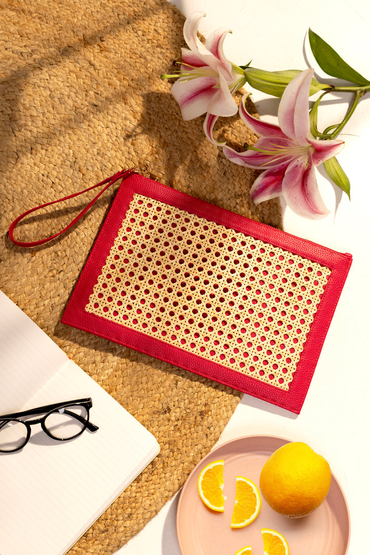 The Veve Envelope Clutch - Handwoven Bamboo Cane and Vegan Leather Wristlet (Pink) - Suave Bags Default Title