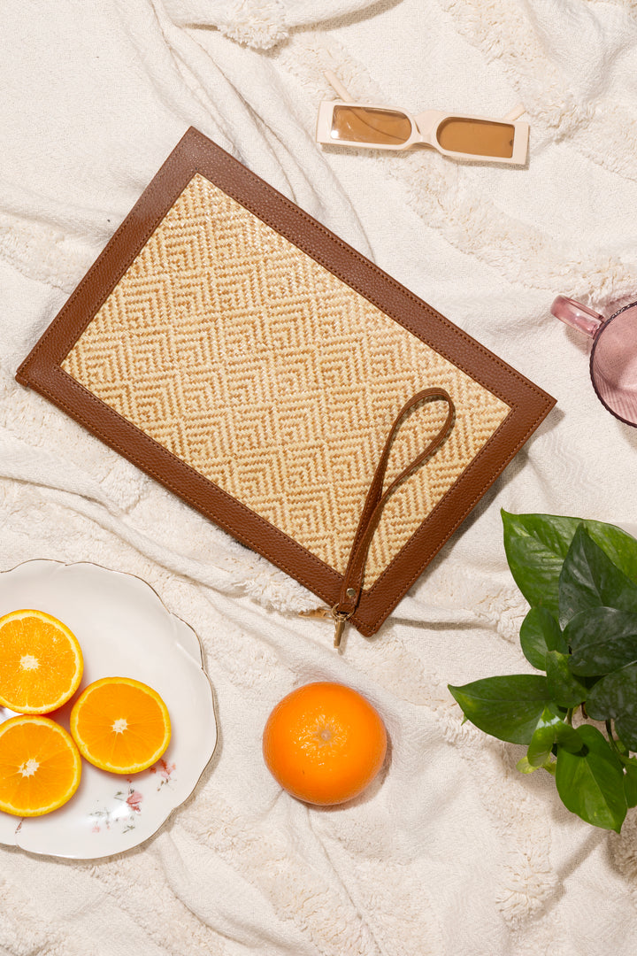The Veve Envelope Clutch - Handwoven Bamboo Cane and Vegan Leather Wristlet (Caramel) - Suave Bags Default Title