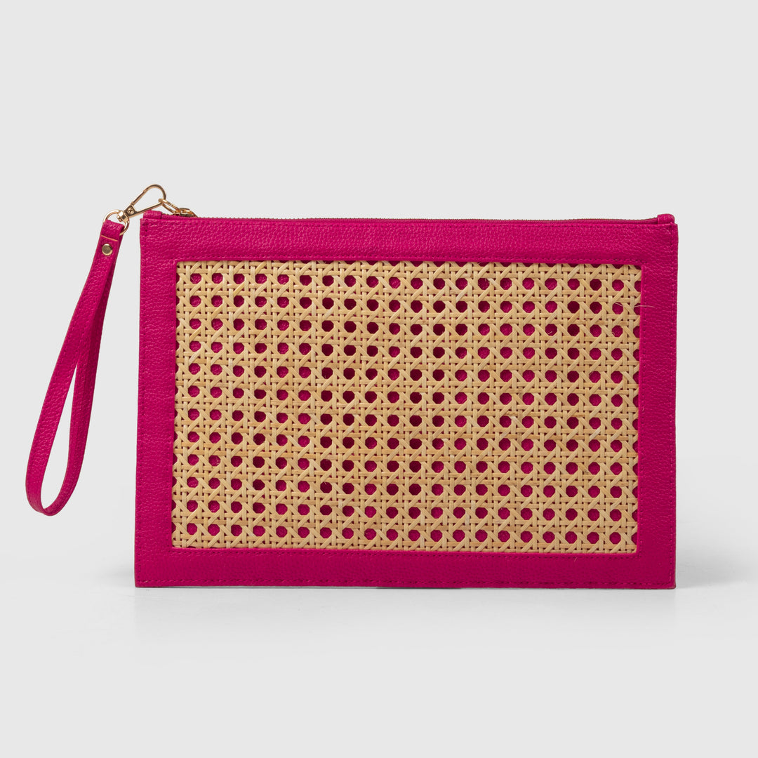 The Veve Envelope Clutch - Handwoven Bamboo Cane and Vegan Leather Wristlet (Pink) - Suave Bags Default Title