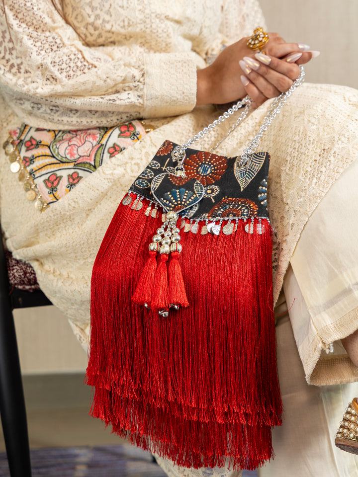 Red Jharoka Ajrakh Fringe Bag