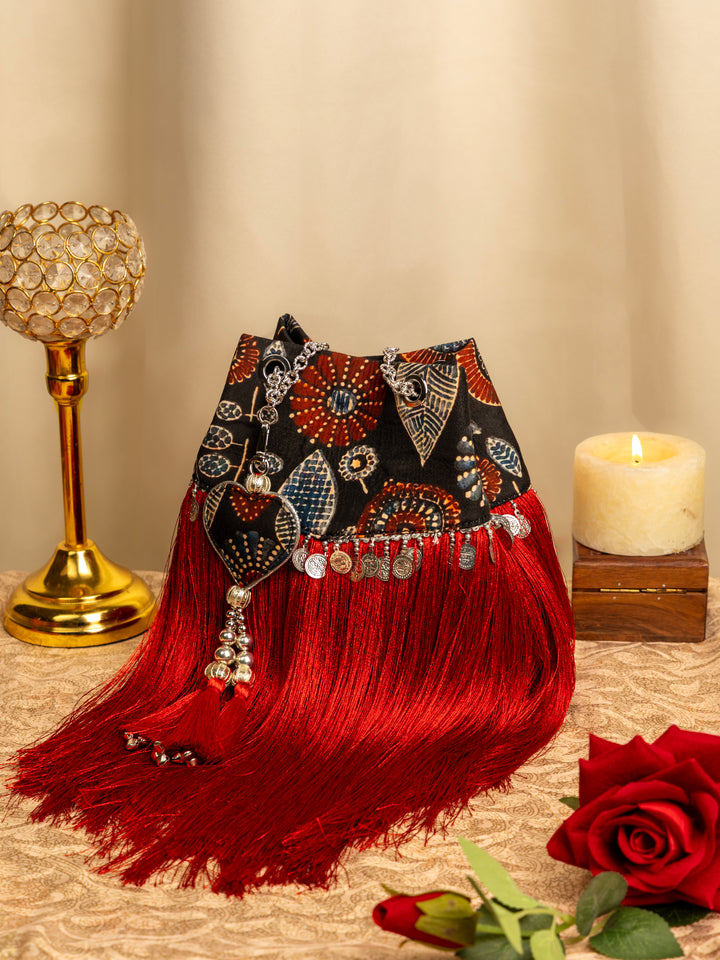 Red Jharoka Ajrakh Fringe Bag