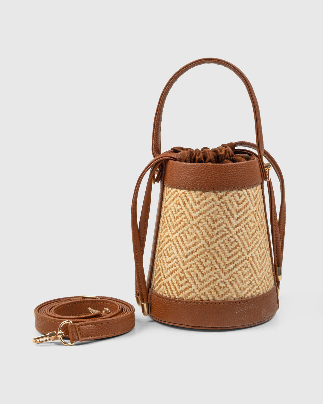 The Amara Bucket – Woven Bamboo Cane & Vegan Leather Handbag (Caramel sand)