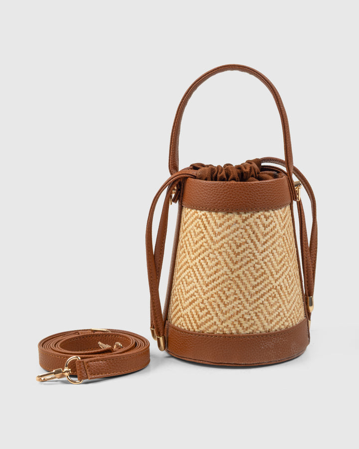 The Amara Bucket – Woven Bamboo Cane & Vegan Leather Handbag (Caramel sand)