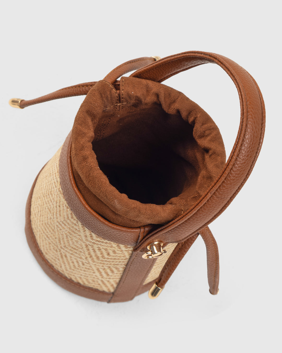 The Amara Bucket – Woven Bamboo Cane & Vegan Leather Handbag (Caramel sand)