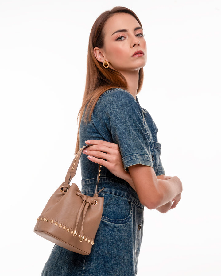 Tan Kelli Rockstud Bucket Bag